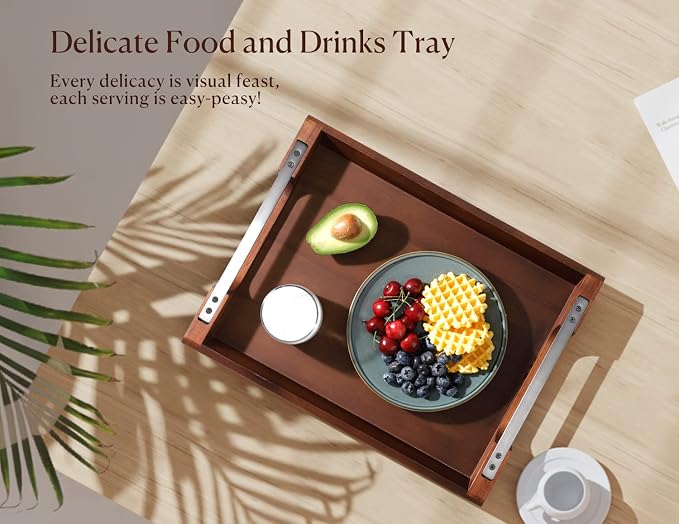 Acacia Wood Serving Tray with Metal Handles, 17x13in Food Drinks Tray for Coffee Table, Breakfast, Dinner & Bar, Rustic Decorative Storage Tray for Ottoman, Kitchen, Elegent Gift for Father