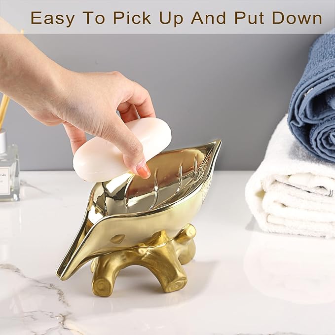 JUXYES Ceramic Soap Dish Holder Self Draining, Unique Waterfall Soap Dish Leaf Shape Decorative Soap Dish Tray Tabletop Drainable Soap Saver Bathtub Waterfall Soap Dish Holder for Bathroom Shower
