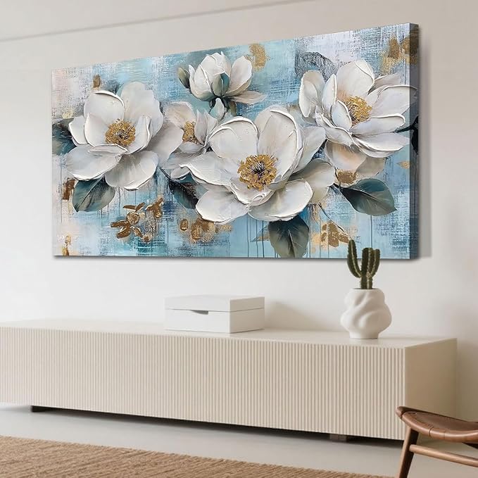 Ardemy Flower Wall Art for Living Room White Floral Canvas Art Wall Decor, Magnolia Teal Picture Textured Large Painting Turquoise Artwork Bedroom Dining Room Kitchen Home Office 48"x24"