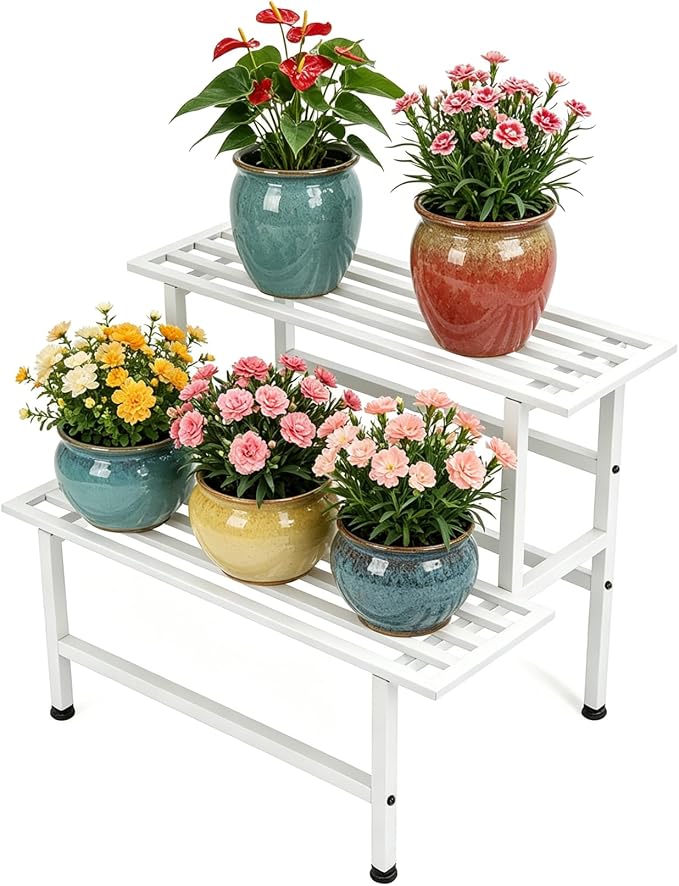 Dipion Metal Plant Stand Outdoor Plant Shelf Indoor,2 Tier Heavy Duty Ladder Plant Stands for Multiple Plants,26" L x 20.25" H x 17.75" W,White