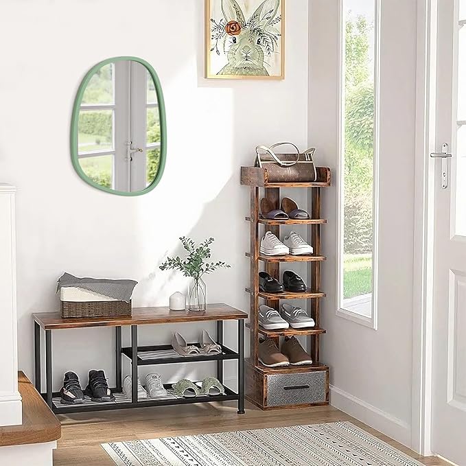 Wooden Framed Irregular Mirror - Modern Artistic Asymmetrical Oval Hanging Wall Mirror for Bathroom, Bedroom, Living Room, Entryway & Hallway