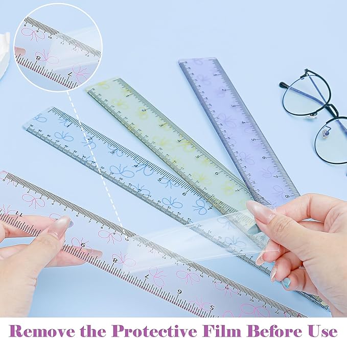 BAYTORY 4Pcs Transparent Acrylic Ruler 12 Inch, Clear Plastic Straight Rulers, Shatterproof Student Stationery Centimeters with Inches, for Classroom Essentials School Supplies (Bowknot)