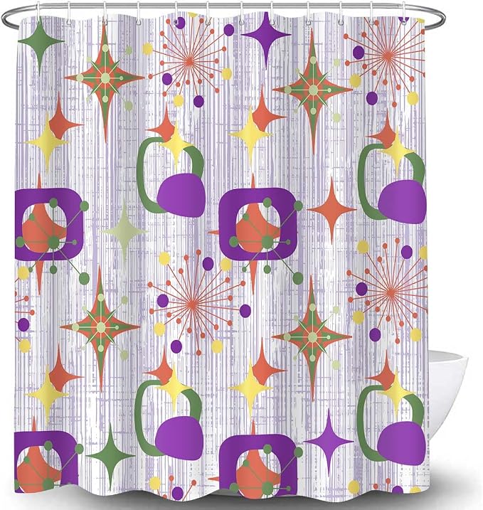 Mid Century Shower Curtain, 72x72inch, Modern Abstract Retro Purple Striped Geometric Shower Curtain Sets 1950s Boho Bathroom Shower Curtain with 12 Hooks
