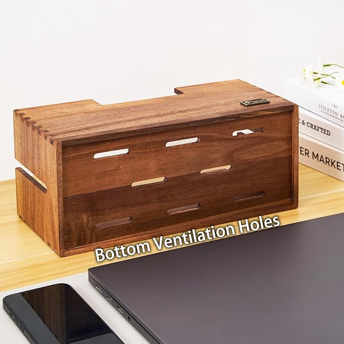 Cable Management Box, Acacia Wood Cord Hider Organizer for Power Strips, TV, Desk & Floor Wires, Under Desk Cable Storage Box for Office & Home