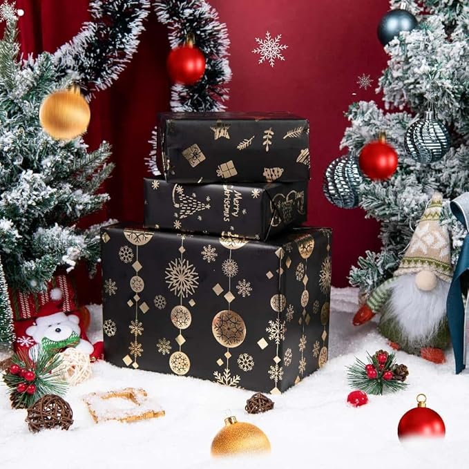 Linnoptimix Christmas Wrapping Paper Rolls -3 LARGE ROLL-27inch*78 inch per roll Colorful Foil Black wrapping paper(Christmas 3 Black/Gold（001）)