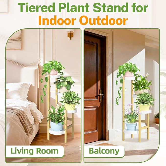 iDavosic.ly 4 Tier Bamboo Plant Stand Indoor Outdoor with Plastic Tray, Tiered Corner Flower Holder Shelf, Space Saving Orchid Display Rack for Patio Porch Living Room Garden Balcony, Natural White