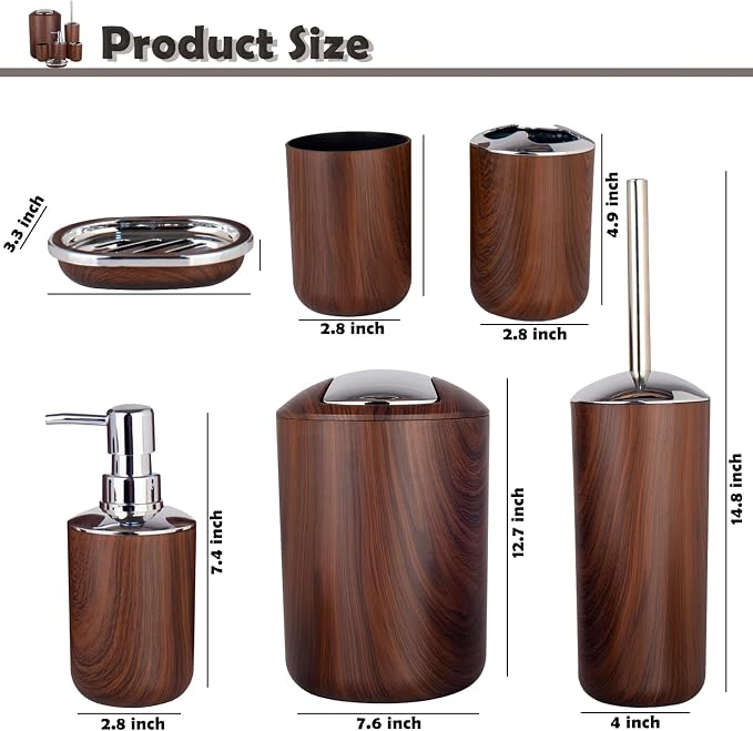 Bathroom Accessories Set 6 Piece Plastic Bath Ensemble Soap Dispenser Toothbrush Holder, Tumbler Soap Dish Soap Saver Trash Can Toilet Brush Holder Decorative Countertop Bathroom Accessoy Set (Brown)