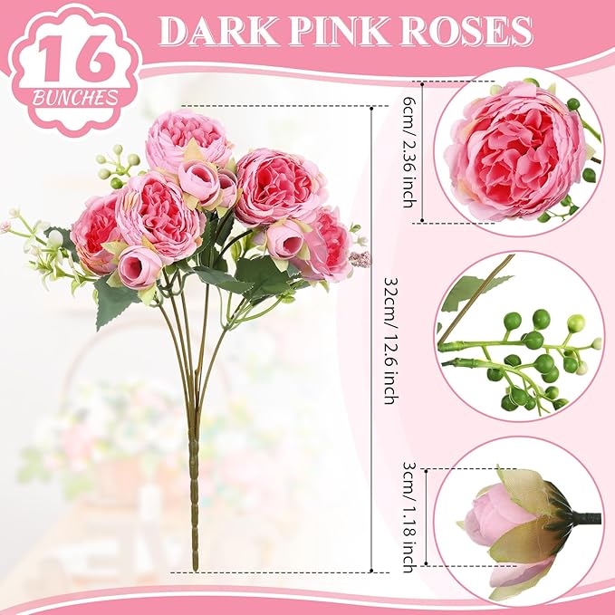 Crowye 16 Bundles Artificial Peonies Realistic Flowers with Stems Bouquet Peonies for Table Centerpieces Wedding Decoration Bridal Floral Arrangement (Dark Pink)