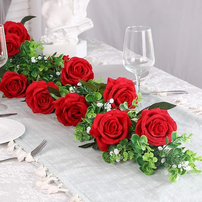 Kisflower 12 Pcs Red Roses Artificial Flowers with Stems Silk Roses Fake Rose Realistic Flower Bouquet for Wedding Party Office Home Decor (Red)