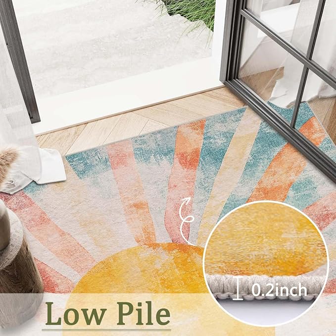 6x9 Boho Sun Area Rug Retro Orange Yellow Blue Beige Bedroom Rug Low Pile Thin Large Carpet Living Room Non Slip Dining Room Stain Resistant Office Washable Machine Classroom