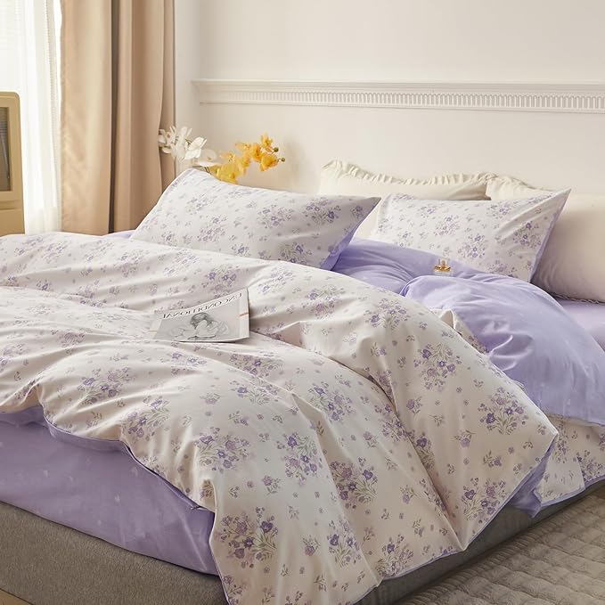 Purple Floral Comforter Set King Soft Fluffy Microfiber Garden Floral Bedding Comforter Set Chic Shabby Flowers Printed Comforter with 2 Pillowcases Vintage Botanical Comforter Set All Season King