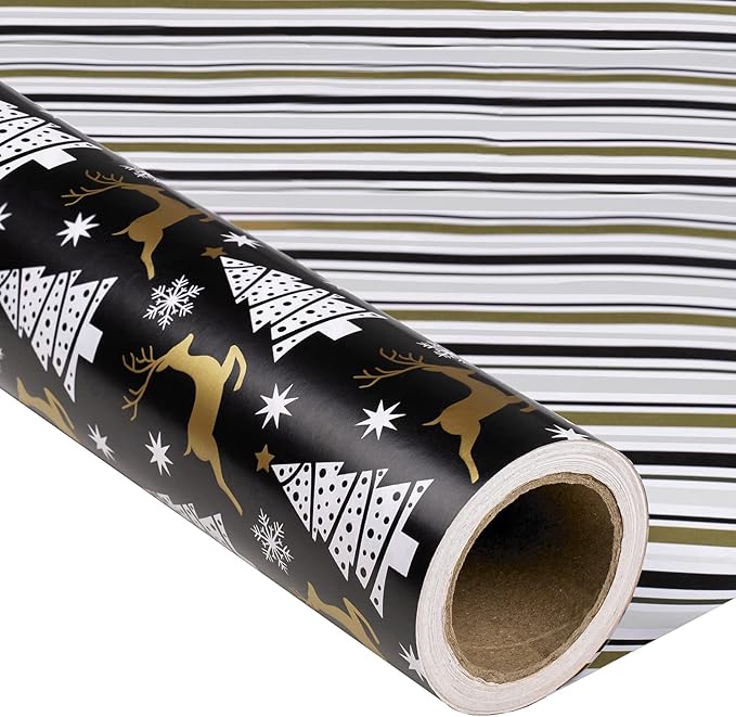 MAYPLUSS Christmas Reversible Wrapping Paper - Mini Roll - 17 Inch X 32.8 Feet- Black Gold Reindeer Design (47.3 sq.ft.ttl)