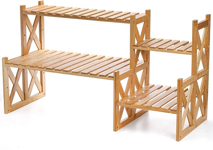 Lawei 2 Tier Bamboo Tabletop Plant Stand, Adjustable Flower Pot Holder Shelf Planter Display Stand, Small Desktop Ladder Plant Rack for Indoor Outdoor Home Patio Lawn Garden Balcony Organizer