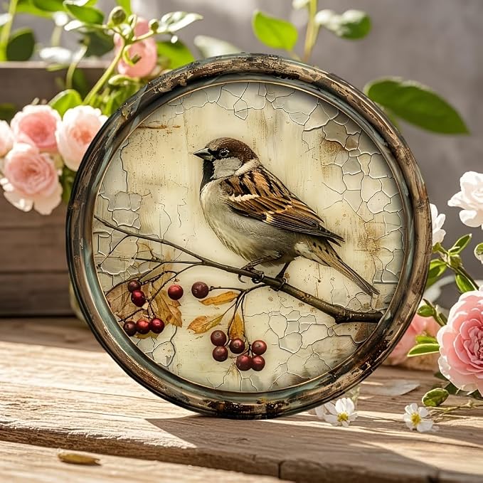 A Vintage Bird with a Cherry Round Wooden Sign, 7.98X7.98 Inches,Printed Wooden Wall Art, Suitable for Home, Kitchen, Garden, And Office Decor - The Perfect.