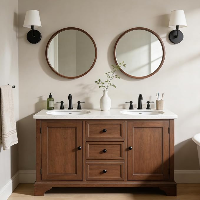 WallBeyond 24 Inch Round Wood Mirror, Circle Wooden Frame Wall Mirror for Bathroom, Living Room, Bedroom, Entryway (Walnut)