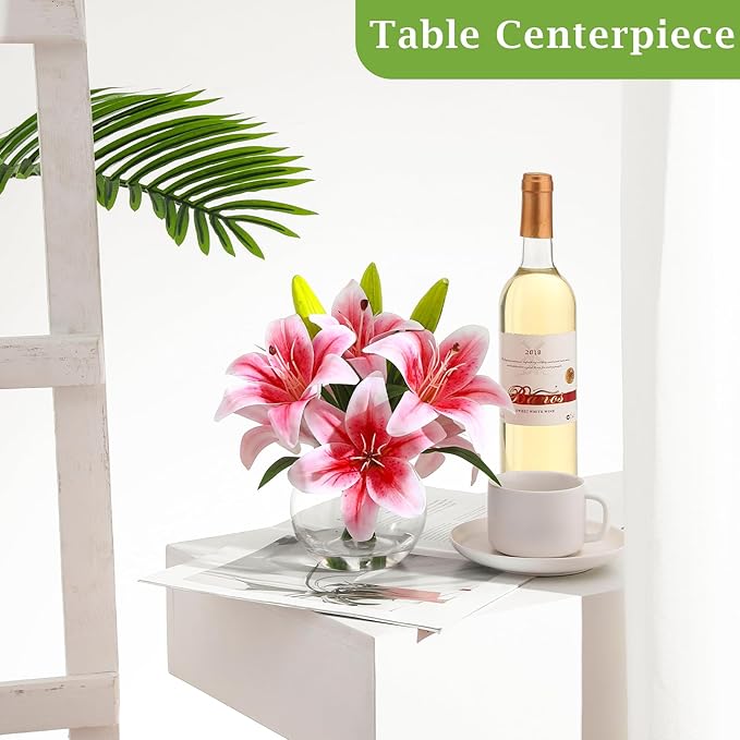 Artificial Tiger Lily Arrangement in Glass Vase, Real Touch Silk Flowers, FakeLilies with Faux Water