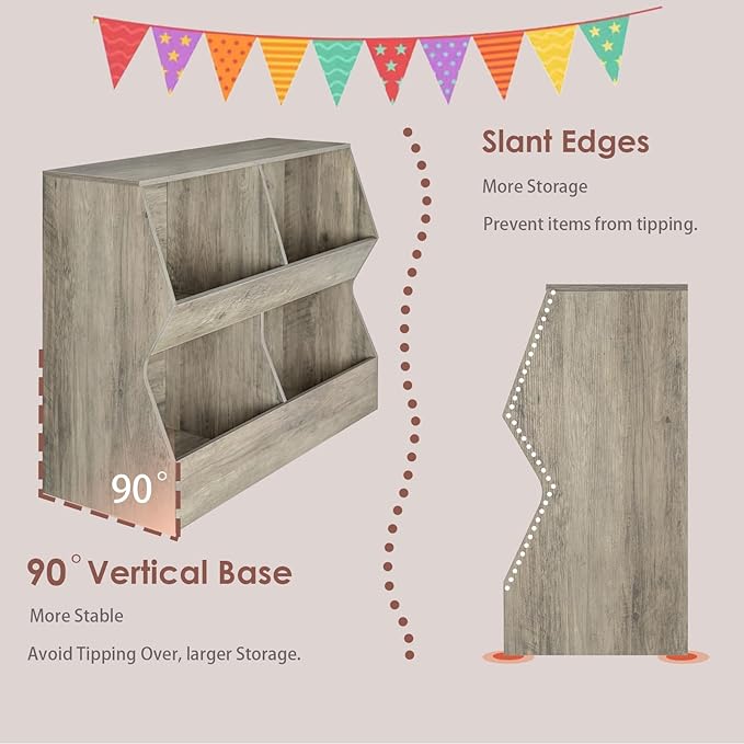 DINZI LVJ Kids Bookshelf, Toy Storage Organizer, Wooden Toy Storage Cabinet, 4 Cubby Children Bookcase, 43.3" L Toddler Book Shelf for Bedroom, Nursery, Hallway, School, Gray Wash