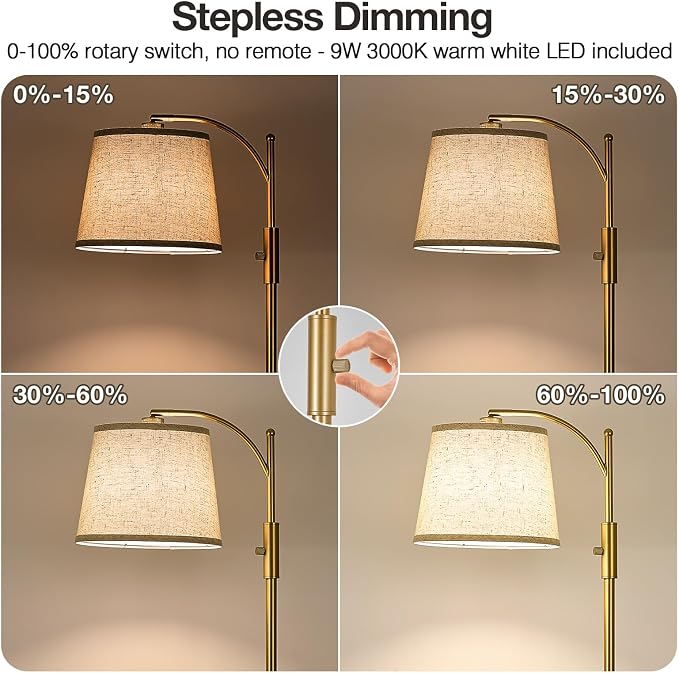 AIDENOEY Fully Dimmable Floor Lamp for Living Room，Standing Lamp Rotary Switch with Table&Linen Beige Shade，Golden Tall Lamps for Bedroom with Adjust Head，9W LED Bulb Included