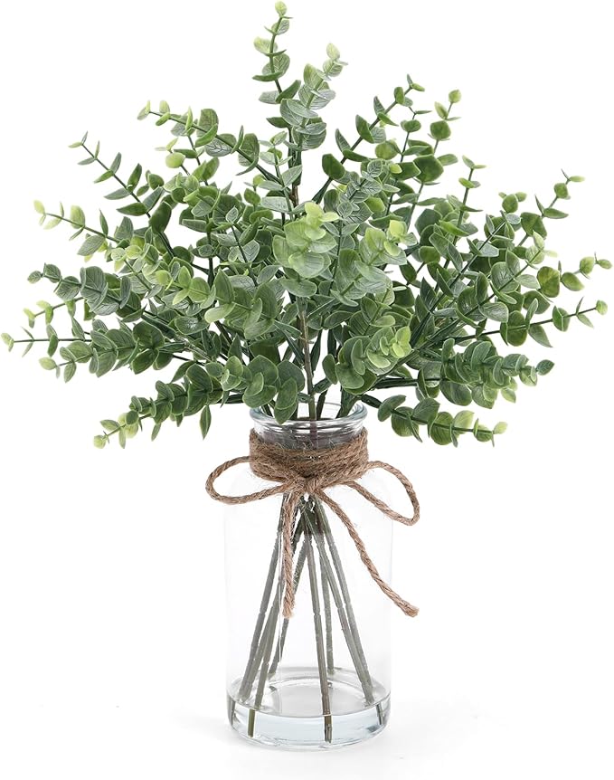 Eucalyptus Stems in Glass Vase with Faux Water, 13.7" Eucalyptus Fake Plants for Home Bathroom Office Kitchen Farmhouse Shelf Centerpiece Coffee Table Decor(Sage Green)