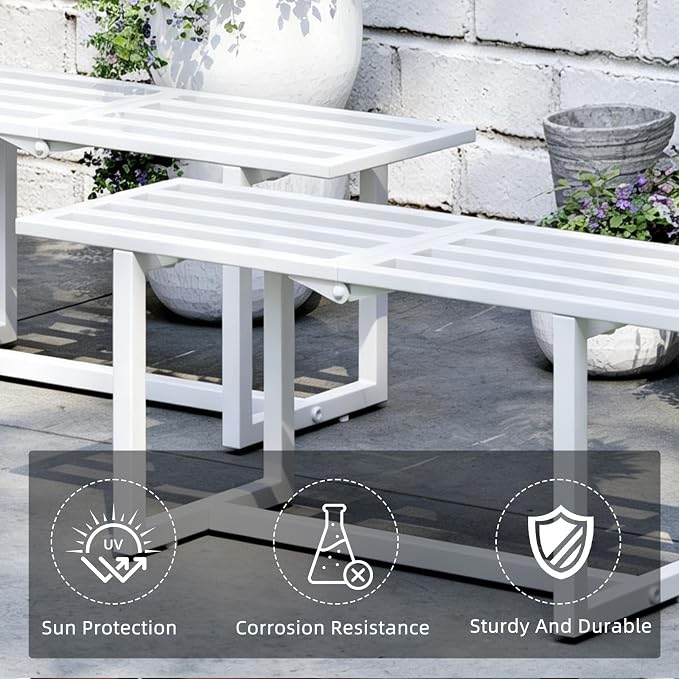 Plant Stand Indoor Outdoor, Foldable Metal Plant Shelf for Multiple Pots, Mid Century Slatted Bench for Patio Garden, Heavy Duty Capacity 330 lbs 2 Pack White