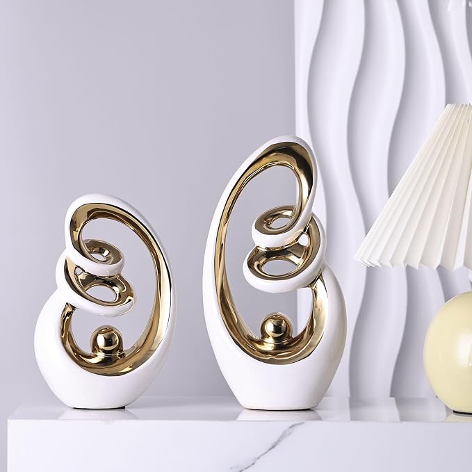 Modern Abstract Porcelain Sculpture, White Gold Show Piece for Home, Knick Knacks for Decor, Tv Stand Centerpiece