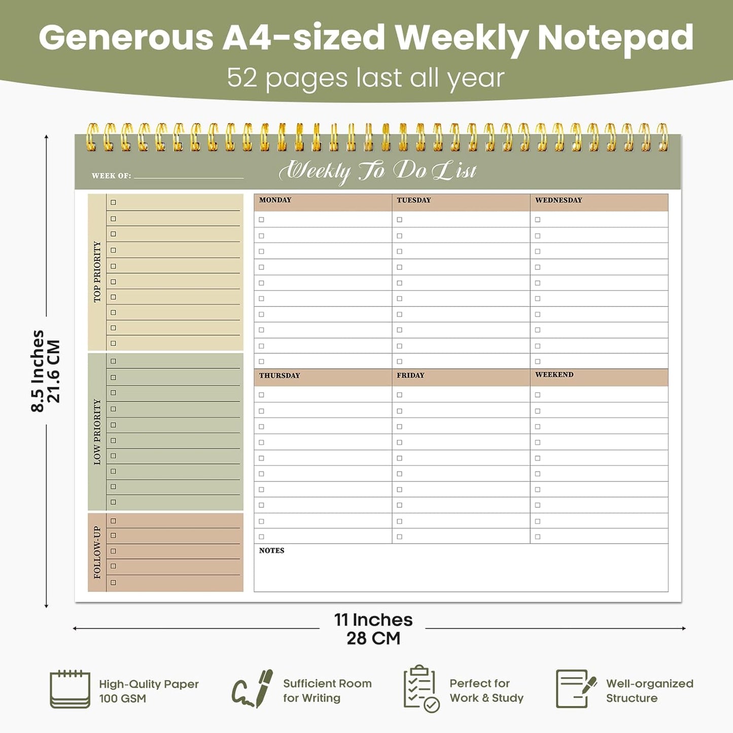 Skiennix Weekly To-Do List Notepad - 52 Undated Sheets | 8.5" x 11" | Office Desk Planner in Forest Shades
