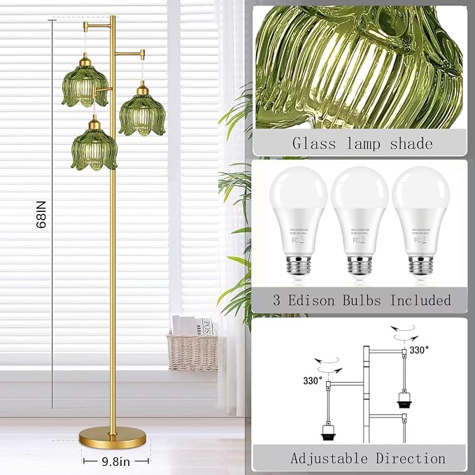 ILLMTW Glass Floor Lamp for Living Room,Bedroom,Gold Mid Century Modern Standing Lamp Brass Tree 3 Light Tall Floor Lamps Vintage Retro Floor Lights Green Flower Lamp Shade Farmhouse Boho Bohemian