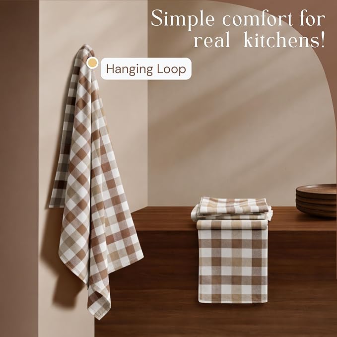 Checked Dish Towels 4 Pack, 18x26 Inches, Quick Dry Towels for Kitchen, Durable, Reusable, Absorbent Wash Cloths Set, Washable Fabric, Heavy Duty for Daily Use - Brown, Beige, White