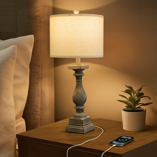 BOBOMOMO Vintage Rustic Farmhouse Table Lamps - USB-A & C Ports, Linen Shade | Set of 2 for Living Room & Bedroom