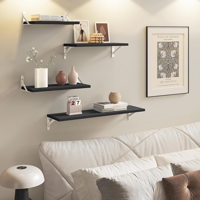 YGEOMER Floating Shelves for Wall, Different Sizes Black Wall Shelves for Living Room, Bathroom, Bedroom, Kitchen, Home Decor (Set of 4)
