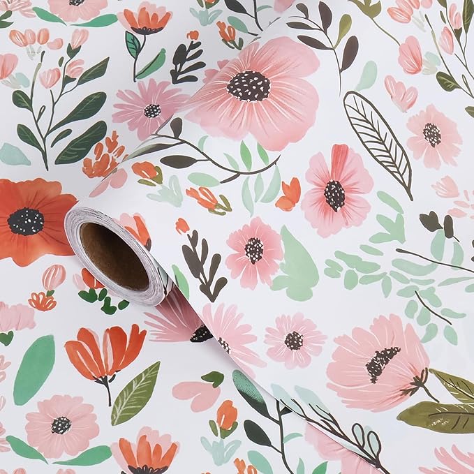 RayofSun Pink Floral Wrapping Paper Roll 17 in x 32 ft Mini Roll All Occasion Wildflower Flower Green leaves Gift Wrap Paper for Wedding Birthday Bridal Shower Party Wrapping Supplies