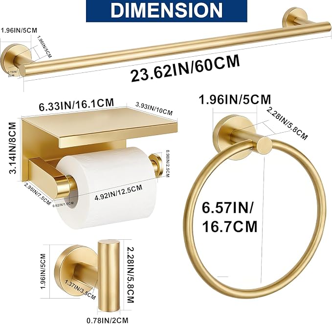 5 Pieces Brushed Gold Bathroom Hardware Accessories Set, SUS304 Stainless Steel 24 Inch Bath Towel Bar Set, Round Bathroom Towel Holder Set, Towel Racks for Bathroom Wall Mounted