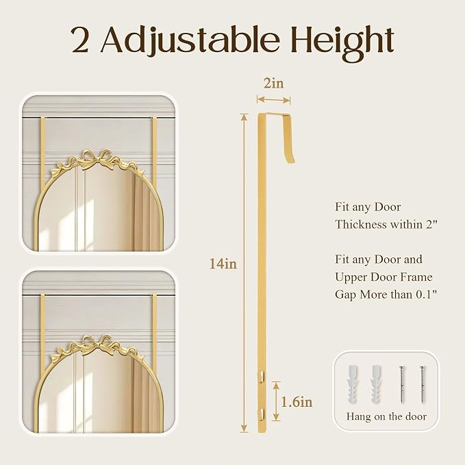 Besdomus Door Mirror Full Length: 14"x50" Gold Vintage Bow Over The Door Hanging Mirror - Antique Baroque Traditional Ornate Full Body for Girls Bedroom/Cloakroom/Living Room - Ideal for Teen Girl