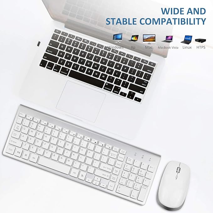 FENIFOX Keyboard and Mouse Wireless, USB 2.4GHz Combo Silent Quiet Low Profile Compact Full Size Flat Slim Thin Portable with Number Pad Soft Cover for PC Laptop Computer Office - White & Silver