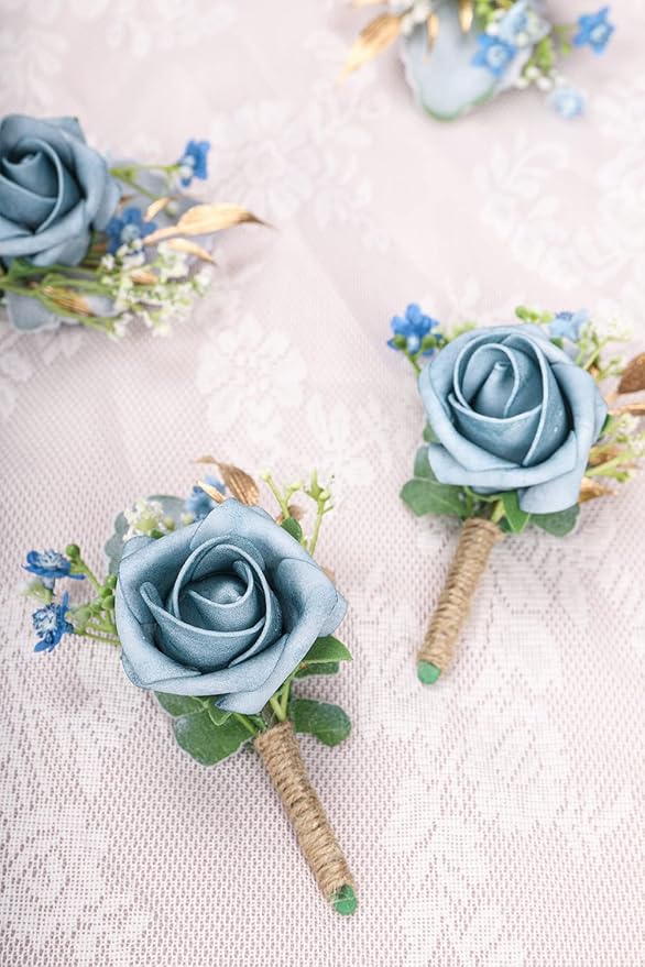 Rose Boutonnieres for Men Wedding Groom and Groomsmen Boutonniere for Rustic Fall Vintage Wedding Prom, Dusty Blue,Set of 10