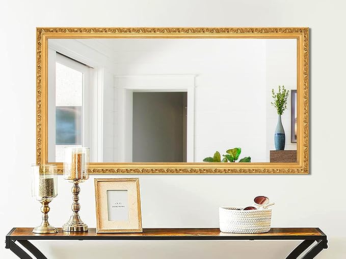 Large Vintage Decorative Mirror for Wall Decor, 52'' x 28'' Gold Antiuqe Living Room Mirror with Ornate Frame, Traditional Vintage Gold Mantle Mirrors, Horizontal/Vertical