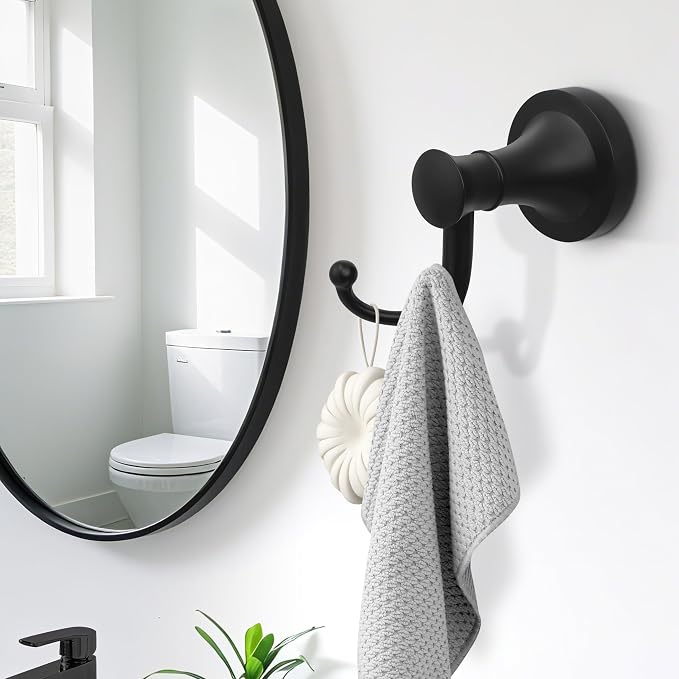 Black Bathroom Towel Hook, Matte Black Bathroom Robe Hook, Heavy Duty Double Towel Hooks Bath Modern Coat Clothes Hook Wall Mounted for Kitchen Washroom