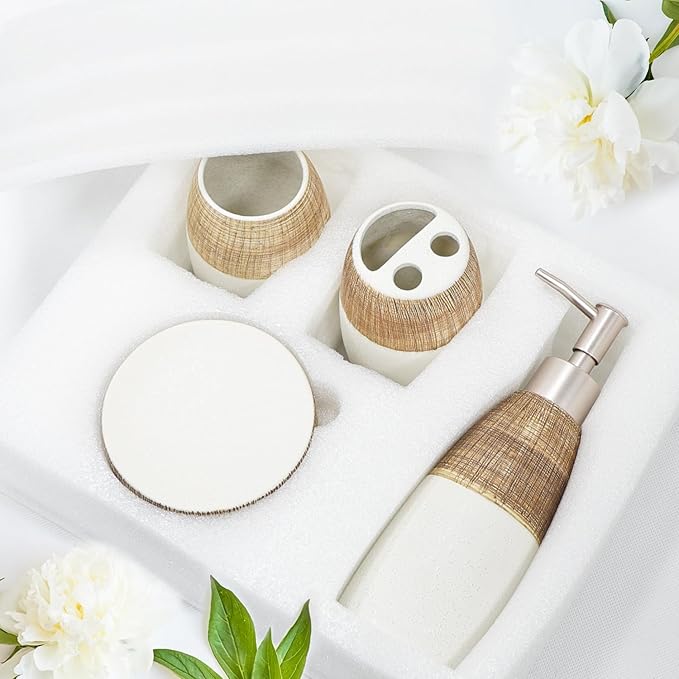 CERBIOR Bathroom Accessories Set,4 Pcs Ceramic Bathroom Decor Accessory,Includes Toothbrush Holder, Toothbrush Cup, Soap Dish for Decorative Countertop and Housewarming Gift, (Brown White)