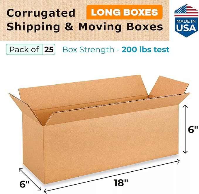 Long Moving & Shipping Boxes 18"L x 6"W x 6"H (25-Pack) - Extra Strength 200 lb vs Regular - Corrugated Boxes for Packaging Moving Stuff - Box for Packaging - Heavy Duty Box by IDL Packaging