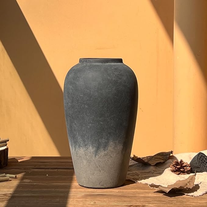 12 Inch Rustic Ceramic Vase, Black Flower Vases for Centerpieces, Farmhouse Decor for Living Room, Entryway & Kitchen, Vintage Pottery Vase for Wedding Gifts
