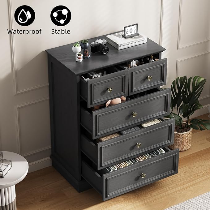 5 Drawer Dresser for Bedroom, Black Wooden Dresser and Chest of Drawers with Metal Handle, Bedroom Drawer Dressers for Living Room, Entryway, Hallway