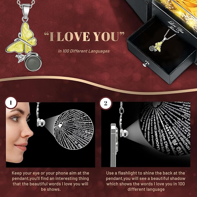 DRTINA Preserved Yellow Real Rose with I Love You Butterfly Necklace-Eternal Flowers Rose Birthday Gifts for Women Wife Mom Girlfriend Grandma on Mothers Day Valentines Anniversary Christmas Romantic