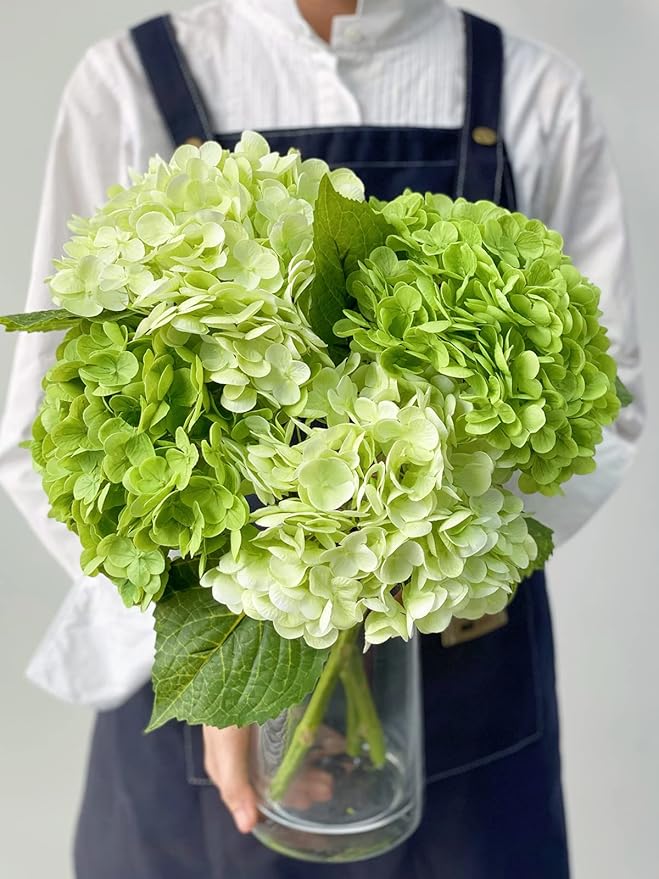 4PCS Green Artificial Hydrangeas, 21” Latex Silk Real Touch Lifelike Hydrangea Artificial Flowers,Large Faux Flowers for Wedding Outdoor Kitchen Table Home Garden