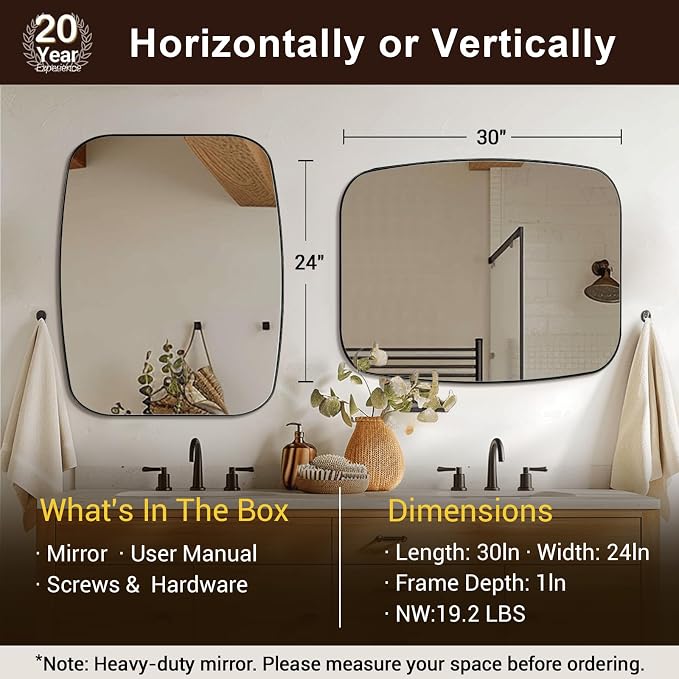 ANDY STAR 24x30 Black Bathroom Mirror, Oblong Vanity Mirror with Stainless Steel Metal Frame, Matte Black Mirror for Over Sink, Modern Anti Rust Wall Mounted
