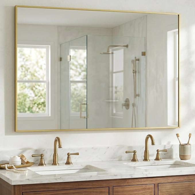 48"x30" Gold Landscape Bathroom Mirror for 48-60 inch Vanity | Shatterproof Tempered Glass, Narrow Metal Frame, Ultra-Flush Mount