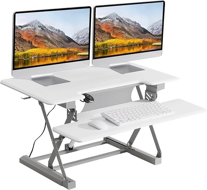 46" Electric Standing Desk Converter, Dyropcurv Series Height Adjustable Computer Desk Ergonomic Home Office Desk for Adults, Sit to Stand Desk with Quiet Motor, White