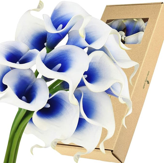 FiveSeasonStuff Real Touch Calla Lily Artificial Flowers Wedding Bridal Bouquet | Floral Arrangements | 15 Calla Lilies (Silk White & Abyss Blue)