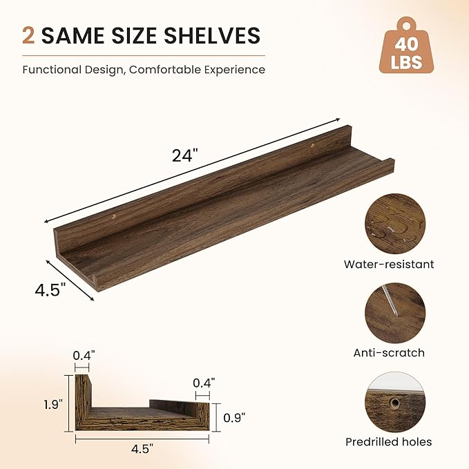 Dreamland Picture Ledge Shelf for Wall, Floating Shelves Set of 2, 24 Inch Long Floating Shelves with Lip for Living Room, Bedroom, Bathroom, Kitchen, Walnut