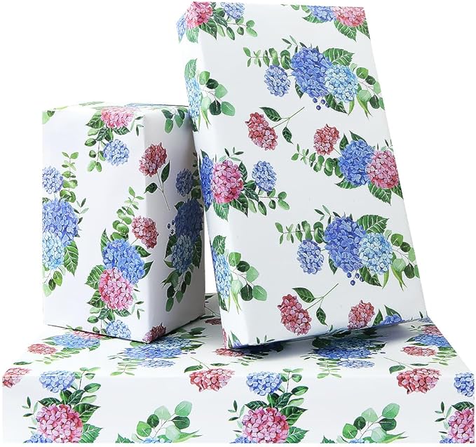 Geluode Floral Gift Wrapping Paper, Hydrangeas Wrapping Paper for Girls Lady Women, 4 Sheets Elegant Bridal Shower Engagement Gift Wrap For Birthday Wedding Anniversary Valentine's Day