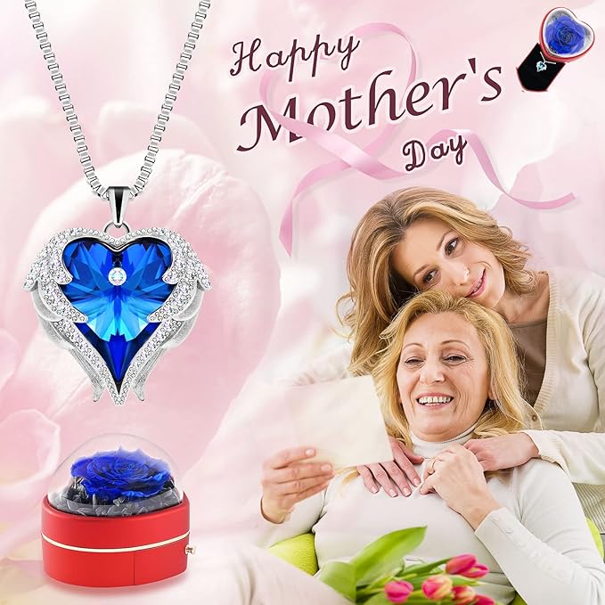 Preserved Real Blue Rose with Heart Necklace Gift Set for Women. Romantic Gifts for Girlfriend Mom on Christmas.Forever Rose Gifts for Mom Grandma on Mothers Day. Birthday Gifts for Women.